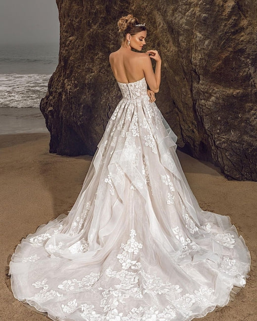 Sweetheart Tulle Floral Wedding Dress Sleeveless Aline Bridal Dress