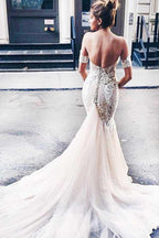 Sweetheart Watteau Train Mermaid Wedding Dress with White Lace