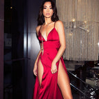 Sexy Long V-neck A-line Satin Prom Dress with Slit