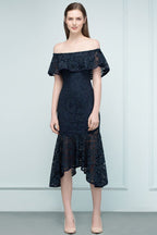 Tea Length Black Mermaid Off-shoulder Lace Prom Dresses