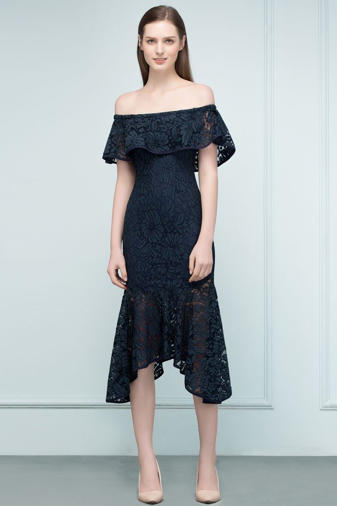 Tea Length Black Mermaid Off-shoulder Lace Prom Dresses