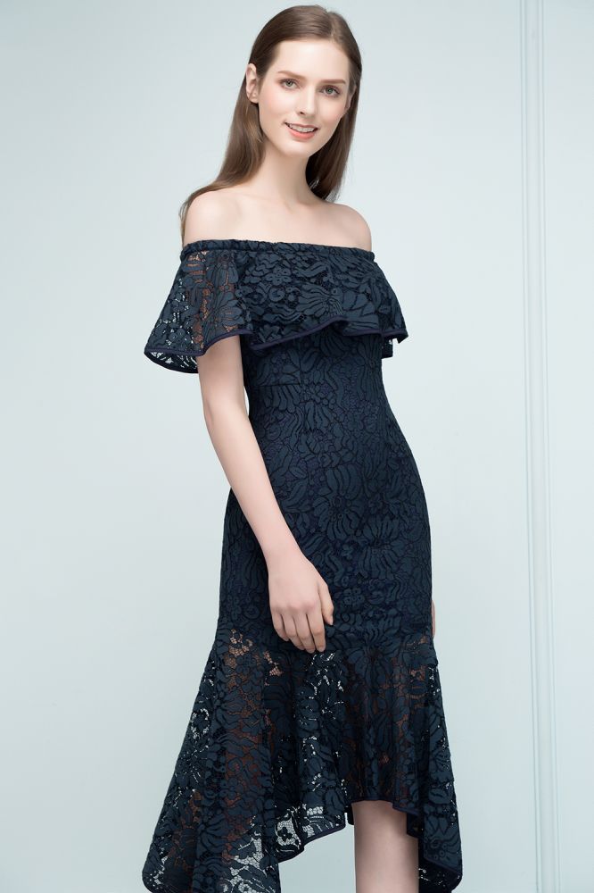 Tea Length Black Mermaid Off-shoulder Lace Prom Dresses