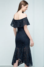 Tea Length Black Mermaid Off-shoulder Lace Prom Dresses