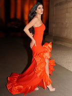 Theodoric | Red Strapless Ruffles Scoop Neck Mermaid Sleeveless Long Prom Dress