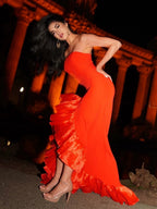 Theodoric | Red Strapless Ruffles Scoop Neck Mermaid Sleeveless Long Prom Dress