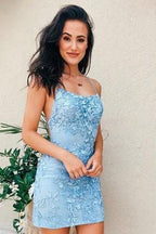 Tie Back  Appliqued Sheath Pink Short Prom Dress Homecoming Dress