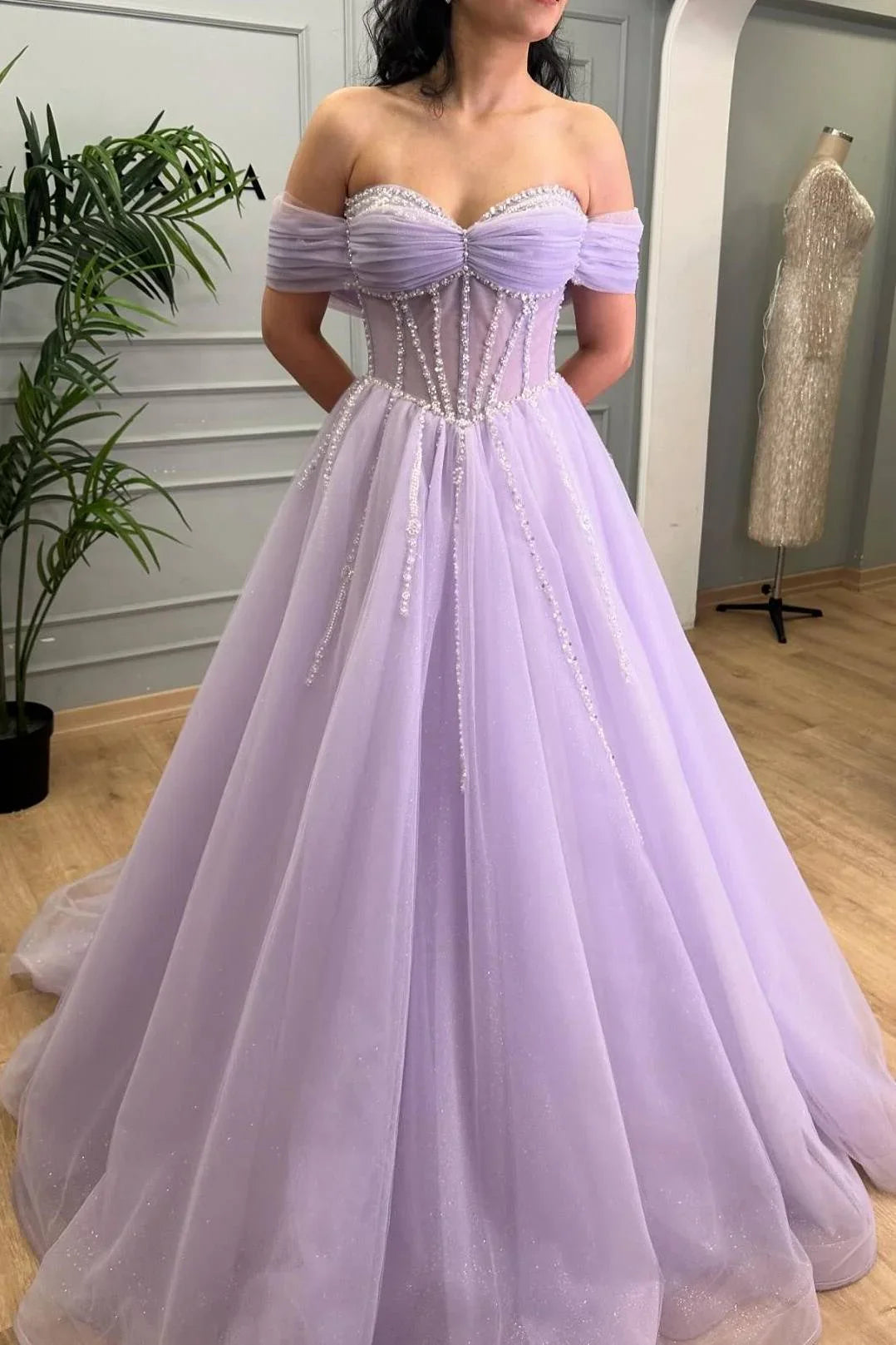 Tiffany | Lavender Beaded A-Line Tulle Prom Dress with Off Shoulder