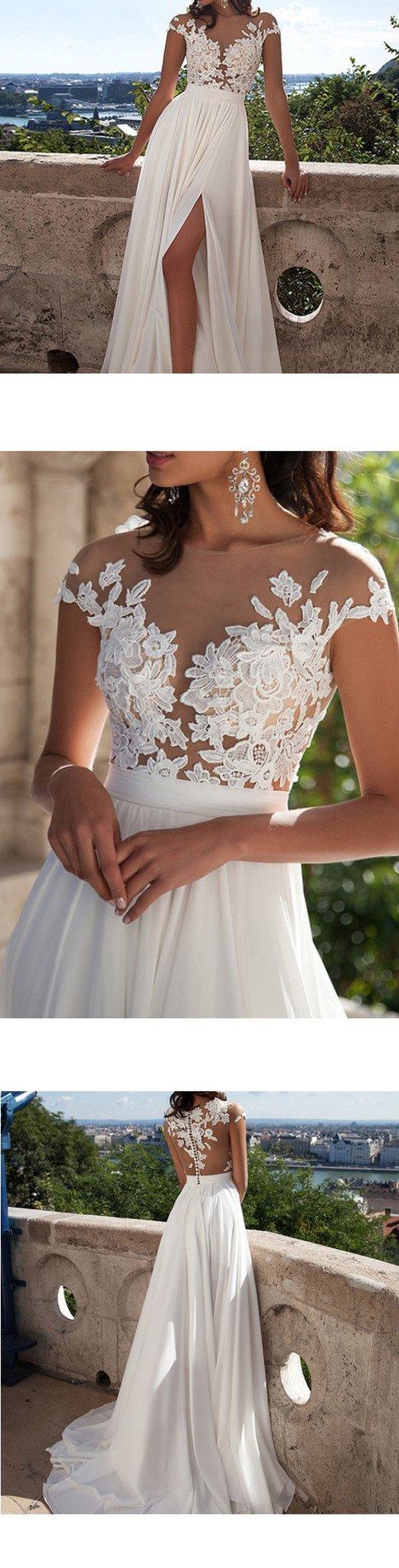 Top lace Appliques Side Slit Chiffon Party Evening Prom Dresses