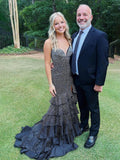 Topaz | Black V Neck Mermaid Long Prom Dress With Beading