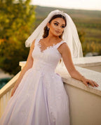 Trendy Floor Length Sweetheart Traps Sleeveless A-Line Satin Wedding Dress with Beads