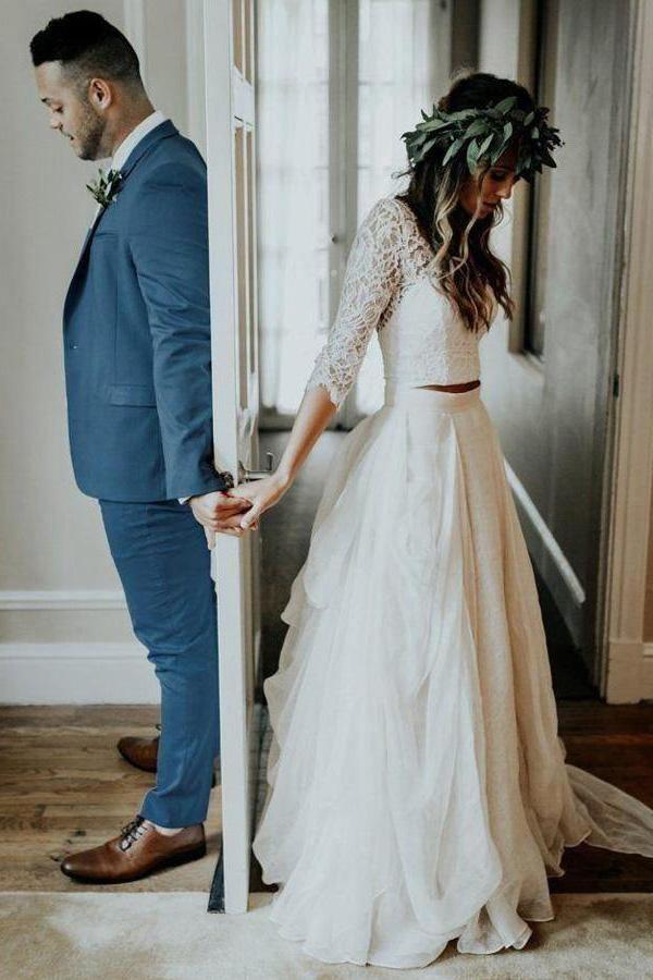 Two Piece 3/4 Sleeve Chiffon Wedding Dresses Wedding Dress