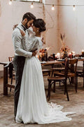 Two Piece Bateau Long Sleeves Chiffon Wedding Dress with Lace