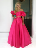 Two Piece Long A-line Off the Shoulder Satin Formal Prom Dresses with Sleeves