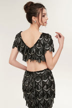 Two-piece Mermaid V-neck Short Sleeves Long Sequined Black Prom Dresses
