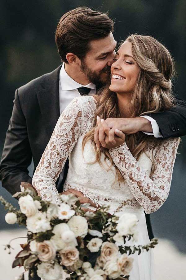 Two Piece Round Neck Lace Top Iovry Chiffon Dress with Long Sleeves