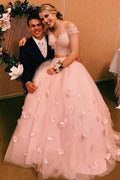 Two-piece V Neck Bridal Dresses 3D Flowers Appliqued Wedding Gowns