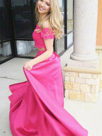 Two Pieces High Low A-line Off The Shoulder Lace Satin Formal Prom Dresses