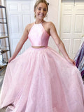 Two Pieces Long A-line Halter Satin Tulle Backless Formal Prom Dresses