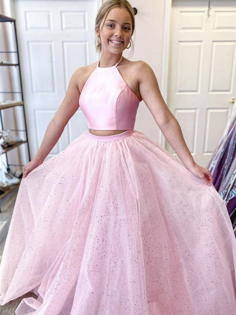 Two Pieces Long A-line Halter Satin Tulle Backless Formal Prom Dresses