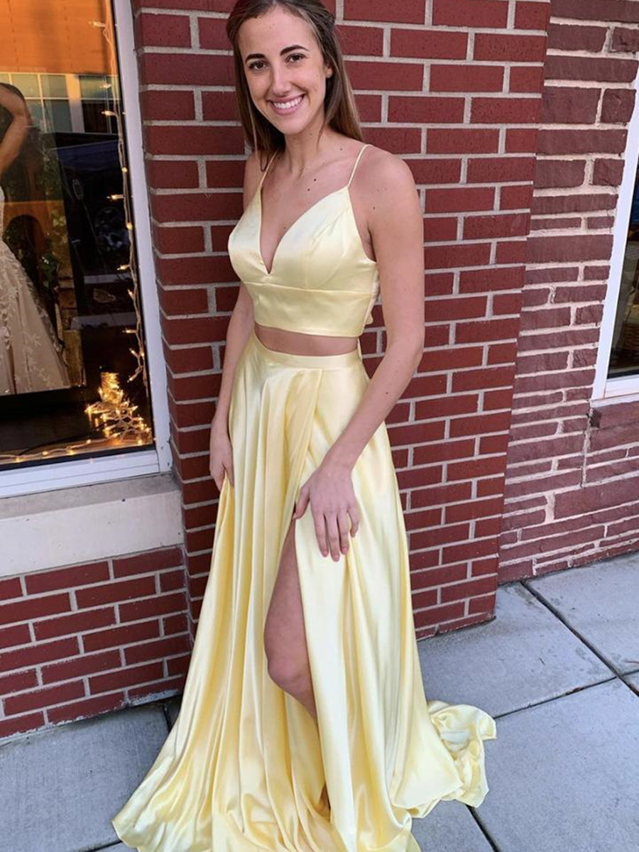 Two Pieces Long A-line V-neck Satin Formal Graduation Evening Prom Dresses with Slit