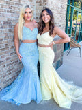 Two Pieces Long Mermaid Sweetheart Lace Prom Dress Tulle Formal Evening Gowns