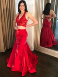 Two Pieces Mermaid V Neck Lace Red Long Formal Prom Dresses