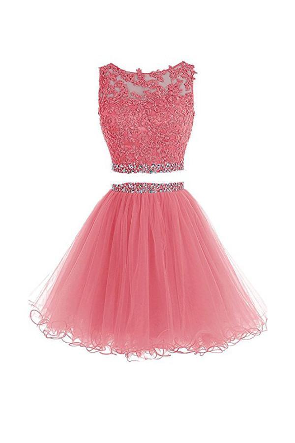 Two Pieces Prom Dresses Applique Short Homecoming Dresses