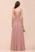 U-Neck High Waist Bridesmaid Dress Long Chiffon Formal Party Dress