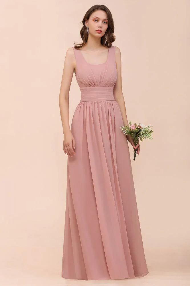 U-Neck High Waist Bridesmaid Dress Long Chiffon Formal Party Dress