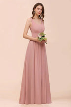 U-Neck High Waist Bridesmaid Dress Long Chiffon Formal Party Dress