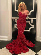Ulissa| Red Mermaid Sweetheart Neck Sequins Long Prom Dresses