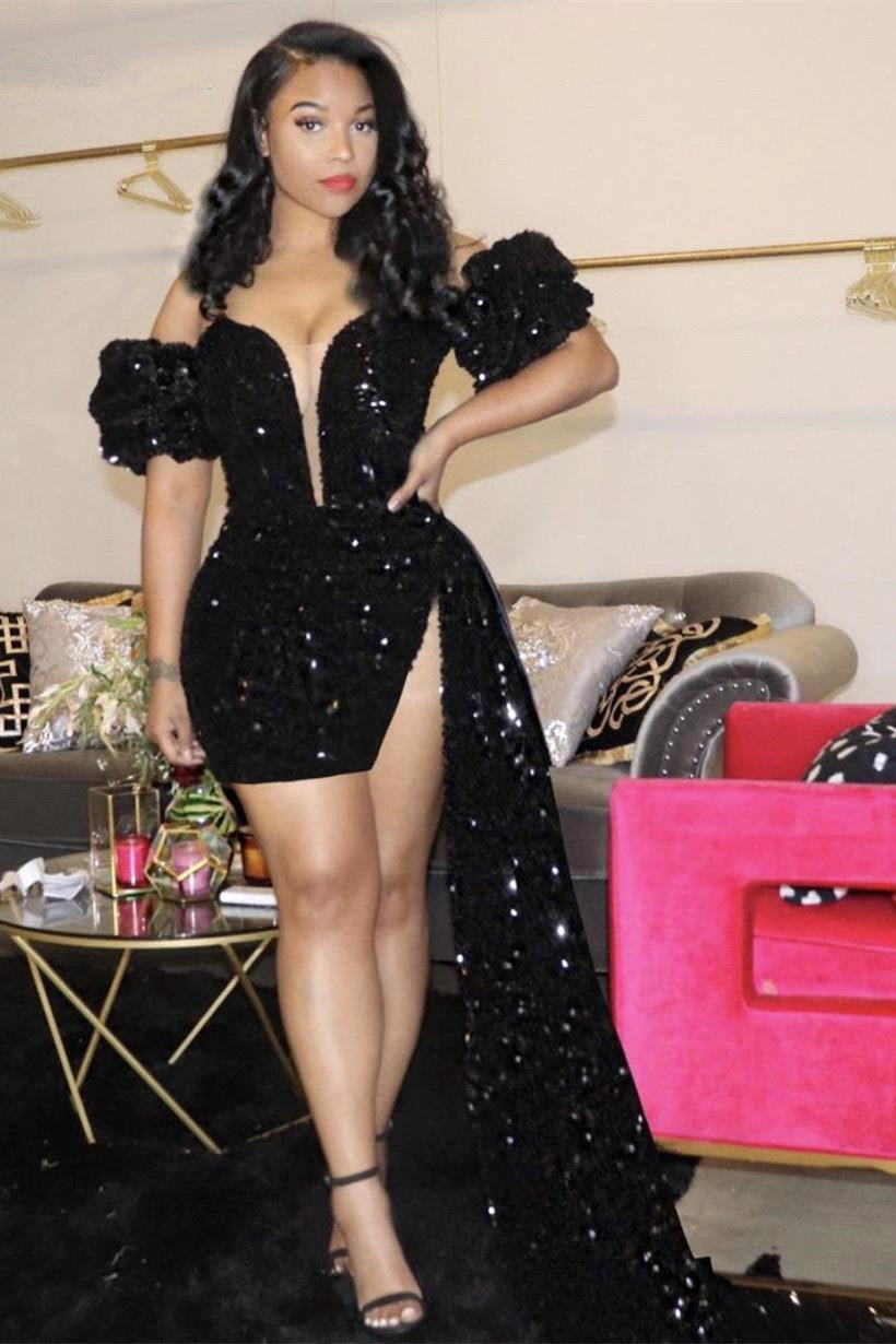 Unique Black V-neck Off-the-Shoulder Sequins Asymmetrical Column Prom Dresses