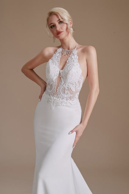 Unique Halter Sleeveless Mermaid Floor-Length Satin Wedding Dresses with Pattern
