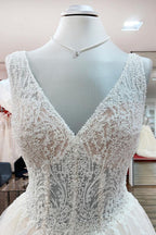 Unique Ivory Long Princess V-neck Tulle Lace Wedding Dress
