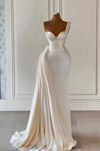 Unique Ivory One-Shoulder Sweetheart Sleeveless A-line Wedding Dresses With Beads