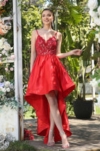 Unique Red Spaghetti Straps Sleeveless A-Line Prom Dresses with Lace
