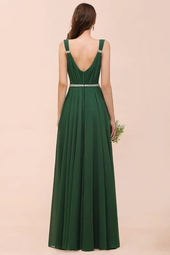 V-Neck A-line Dark Green Bridesmaid Dress Rhinestone Waist Belt