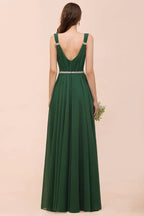 V-Neck A-line Dark Green Bridesmaid Dress Rhinestone Waist Belt