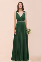 V-Neck A-line Dark Green Bridesmaid Dress Rhinestone Waist Belt