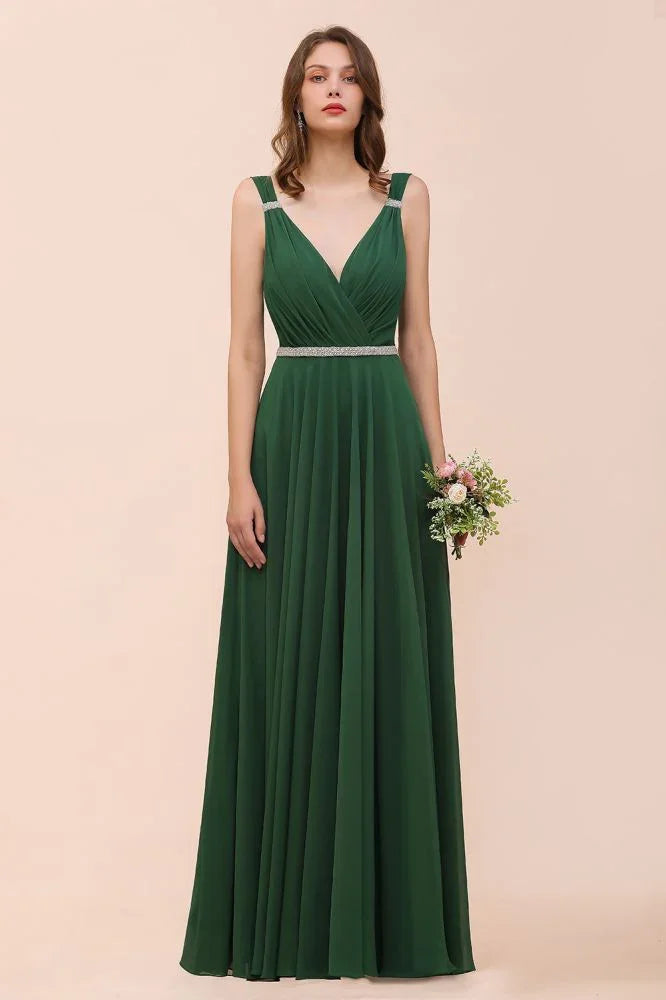 V-Neck A-line Dark Green Bridesmaid Dress Rhinestone Waist Belt