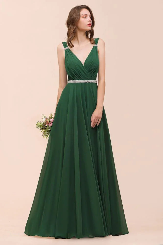 V-Neck A-line Dark Green Bridesmaid Dress Rhinestone Waist Belt