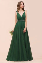 V-Neck A-line Dark Green Bridesmaid Dress Rhinestone Waist Belt