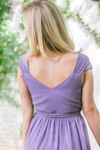 V-Neck Cap Sleeves Lace-Up Purple Long Chiffon Bridesmaid Dress BD042