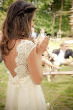 V-neck Cap Sleeves Sweep Train Backless Wedding Dress With Sash