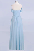 V-Neck Chiffon aline Bridesmaid Dress Sky Blue Floor Length Evening Swing Dress