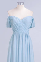 V-Neck Chiffon aline Bridesmaid Dress Sky Blue Floor Length Evening Swing Dress
