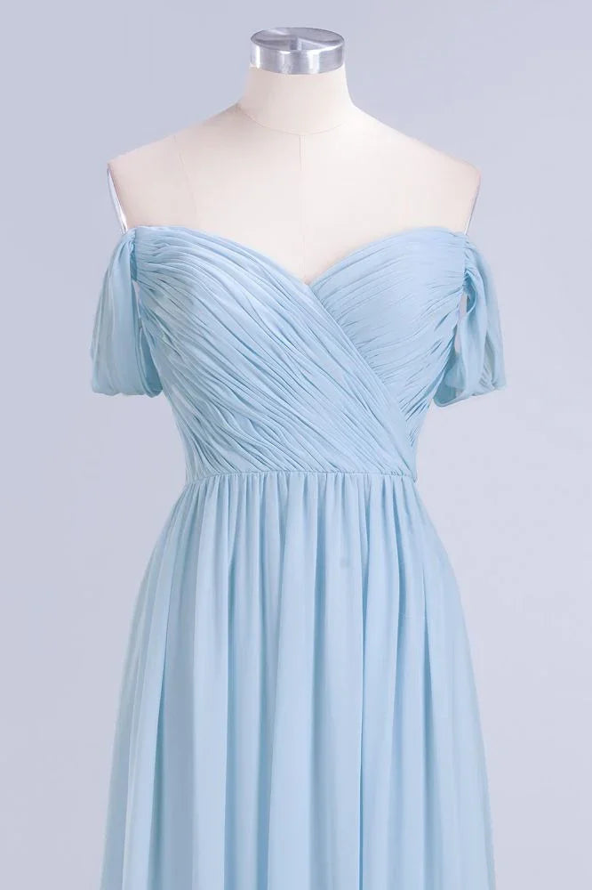 V-Neck Chiffon aline Bridesmaid Dress Sky Blue Floor Length Evening Swing Dress