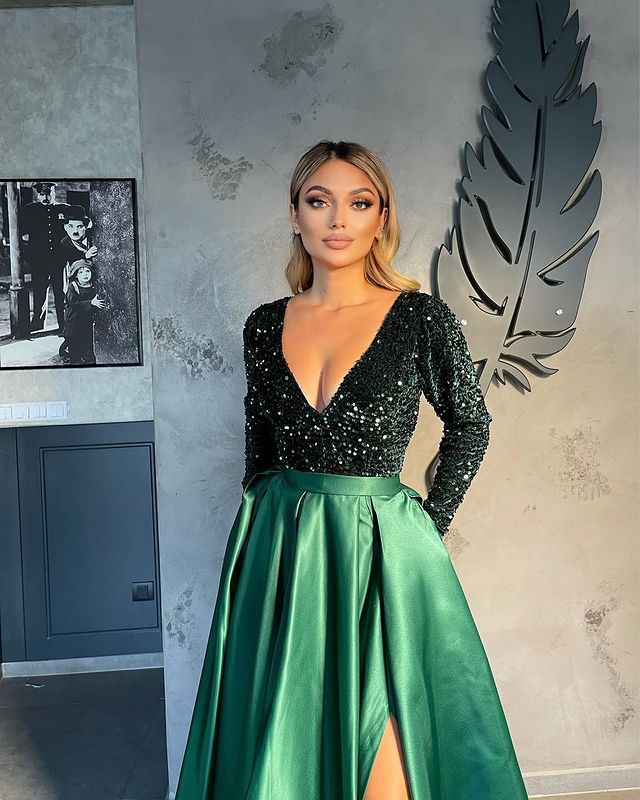 V-neck Evening Gowns For Women A-Line Split Prom Dress