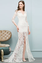 V-neck Floor Length Mermaid Lace Prom Dresses with Sleeves