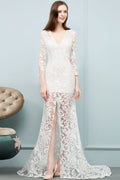 V-neck Floor Length Mermaid Lace Prom Dresses with Sleeves